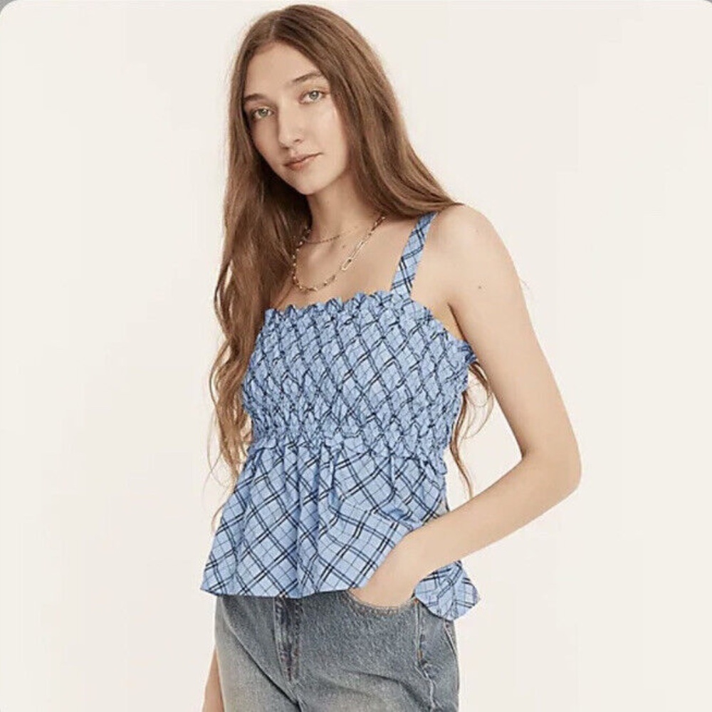 J. Crew Blue Plaid Smocked Peplum Tank Top Size S